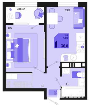 1-к квартира, вторичка, 37м2, 3/18 этаж