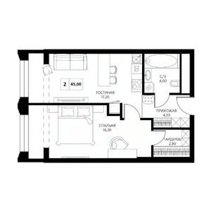 2-к квартира, строящийся дом, 45м2, 6/19 этаж