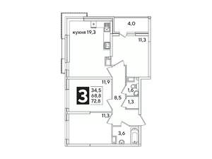 3-к квартира, вторичка, 73м2, 14/16 этаж