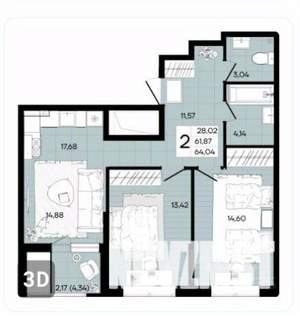 2-к квартира, вторичка, 68м2, 9/18 этаж