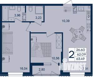 2-к квартира, вторичка, 63м2, 4/18 этаж