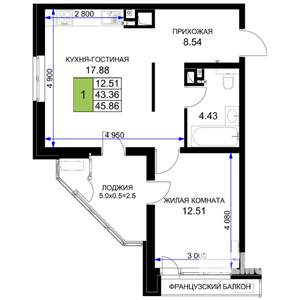 1-к квартира, вторичка, 46м2, 14/16 этаж