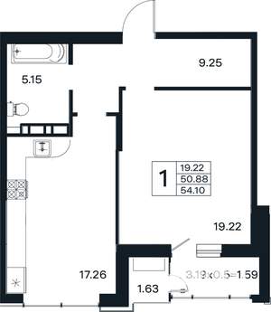 1-к квартира, вторичка, 54м2, 6/12 этаж