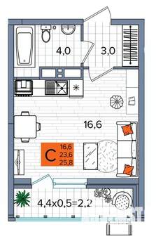 Студия квартира, сданный дом, 25м2, 14/16 этаж
