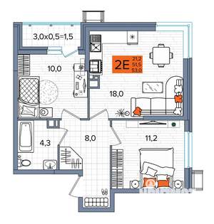2-к квартира, сданный дом, 53м2, 3/16 этаж