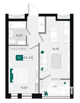 1-к квартира, вторичка, 40м2, 2/18 этаж