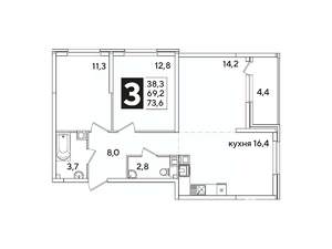 3-к квартира, вторичка, 74м2, 4/16 этаж