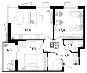 2-к квартира, строящийся дом, 63м2, 2/9 этаж