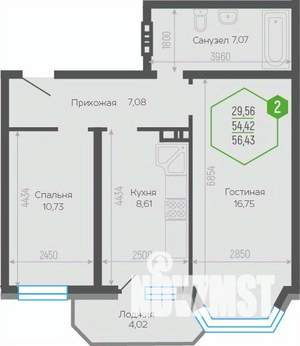 2-к квартира, вторичка, 56м2, 18/19 этаж