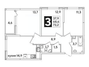3-к квартира, вторичка, 73м2, 15/16 этаж
