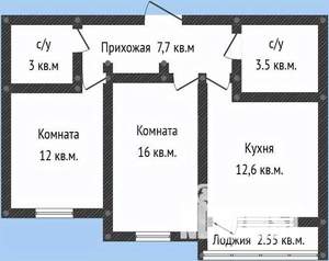 2-к квартира, вторичка, 57м2, 7/9 этаж