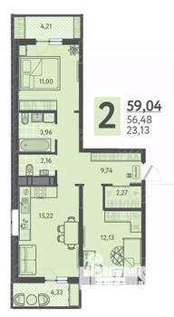 2-к квартира, вторичка, 59м2, 7/16 этаж