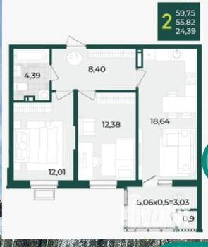2-к квартира, вторичка, 60м2, 22/22 этаж