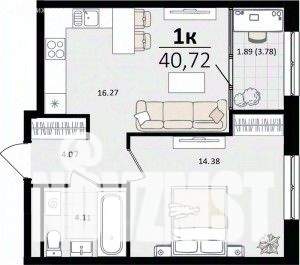 1-к квартира, вторичка, 41м2, 14/16 этаж
