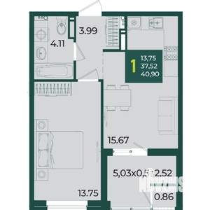 1-к квартира, вторичка, 41м2, 11/18 этаж
