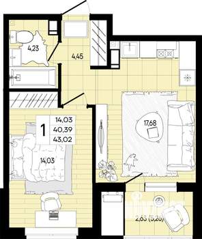 1-к квартира, вторичка, 43м2, 5/8 этаж