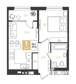 1-к квартира, строящийся дом, 37м2, 3/18 этаж