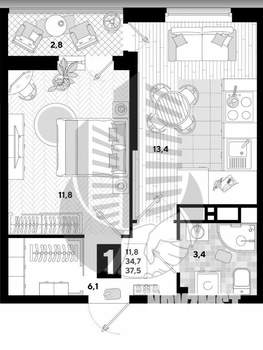 1-к квартира, вторичка, 37м2, 5/18 этаж