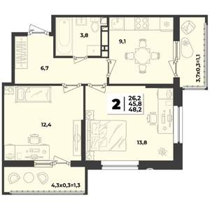 2-к квартира, строящийся дом, 55м2, 5/9 этаж