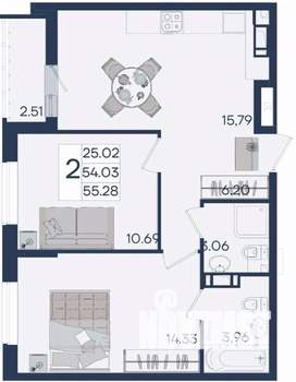 2-к квартира, вторичка, 55м2, 15/18 этаж