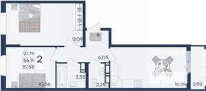 2-к квартира, вторичка, 58м2, 17/18 этаж