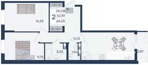 2-к квартира, вторичка, 64м2, 5/18 этаж