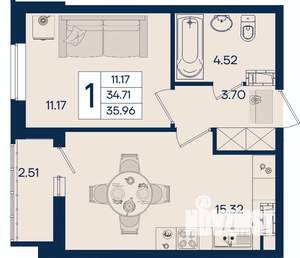 1-к квартира, вторичка, 36м2, 15/18 этаж