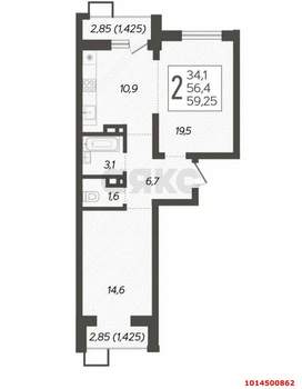 2-к квартира, вторичка, 61м2, 14/19 этаж