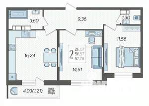 2-к квартира, вторичка, 58м2, 3/16 этаж
