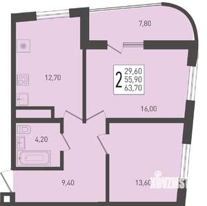 2-к квартира, строящийся дом, 64м2, 24/24 этаж