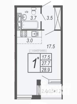Студия квартира, вторичка, 28м2, 5/19 этаж