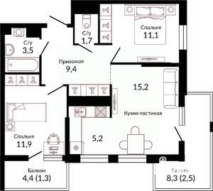 2-к квартира, вторичка, 64м2, 18/22 этаж