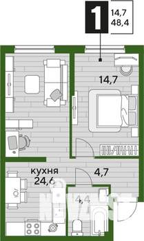 1-к квартира, строящийся дом, 48м2, 2/16 этаж