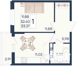 1-к квартира, вторичка, 33м2, 5/18 этаж