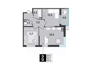 2-к квартира, строящийся дом, 60м2, 6/9 этаж