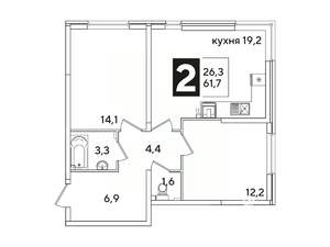 2-к квартира, вторичка, 62м2, 1/16 этаж