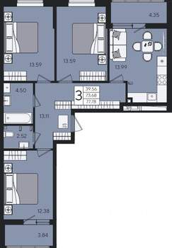 3-к квартира, вторичка, 78м2, 2/9 этаж