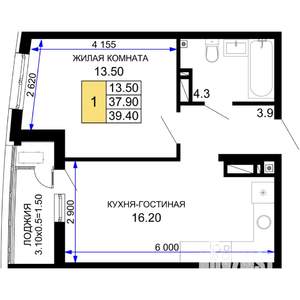 1-к квартира, строящийся дом, 39м2, 9/18 этаж