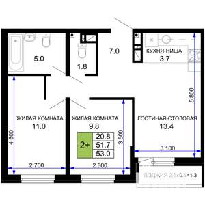 2-к квартира, вторичка, 53м2, 16/16 этаж