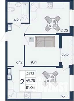 2-к квартира, вторичка, 51м2, 9/18 этаж