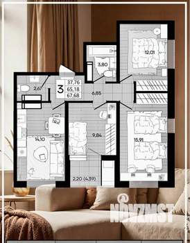 3-к квартира, вторичка, 67м2, 14/18 этаж