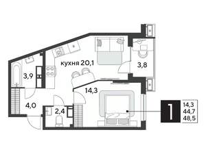 1-к квартира, вторичка, 49м2, 15/18 этаж