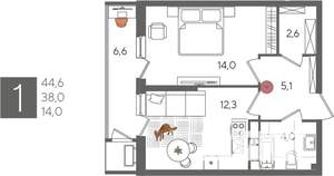 1-к квартира, строящийся дом, 45м2, 22/24 этаж