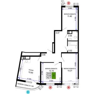 3-к квартира, строящийся дом, 77м2, 15/24 этаж