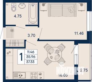 1-к квартира, вторичка, 37м2, 2/18 этаж