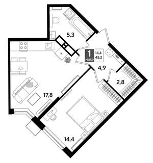 1-к квартира, строящийся дом, 45м2, 17/19 этаж