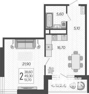 1-к квартира, вторичка, 52м2, 16/16 этаж