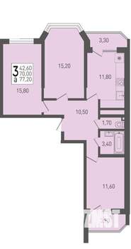 3-к квартира, строящийся дом, 77м2, 17/22 этаж
