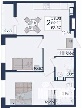 2-к квартира, вторичка, 54м2, 6/18 этаж