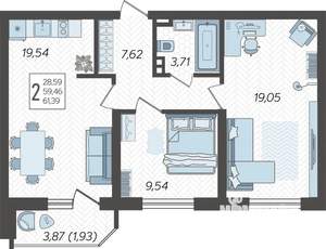 2-к квартира, строящийся дом, 62м2, 23/23 этаж